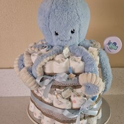 2 Tier Diaper Cake Oh Baby  Blue Boy Baby Shower + 50 size 1 & 2 Diapers