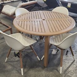 5PC Round Patio Dining Set – 47” Teak Finish Wood Table + White Resin Chairs | BRAND NEW | Heavy Duty Commercial Grade | Outdoor | Delivery Available