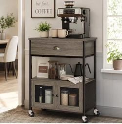 Coffee Bar Cart Cabinet, 3 Tier Coffee Station Table on Wheels,Coffee Cart with Storage for Home Kitchen, Liquor Buffet Sideboard Cabinet, Wash Grey