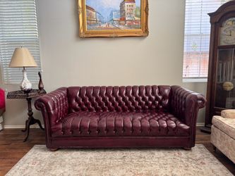 Vintage Tufted Leather Chesterfield Sofa Oxblood Burgundy English Couch