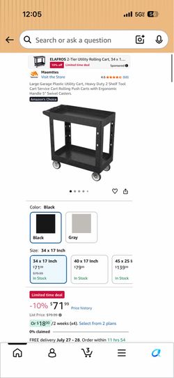 Large Garage Plastic Utility Cart, Heavy Duty 2 Shelf Tool Cart Service Cart Rolling Push Carts with Ergonomic Handle 5" Swivel Casters.
