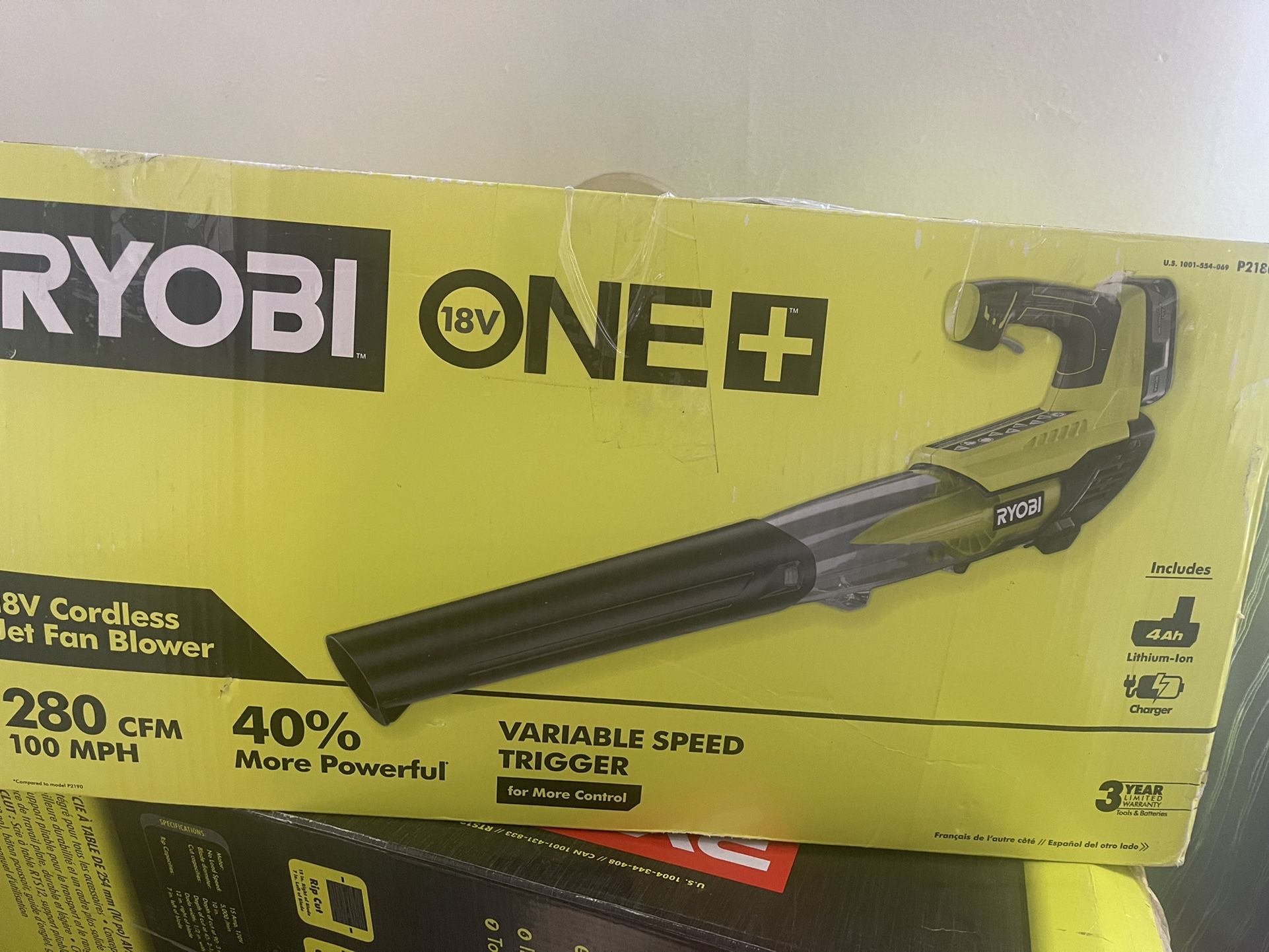 RYOBI ONE+ 18V 100 MPH 280 CFM Cordless Battery Variable Speed Jet Fan Leaf Blower with 4.0 Ah Battery and Charger Electrical equipment & Supplies