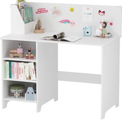 Brand New Kids Desk, Engineering Wooden Kids Study Desk with Hutch, School Study Table with Book Storage, Student Writing Table for 3-8 Years Girls Bo