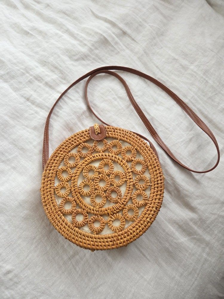 Wicker Round Purse Shoulder Strap Brown Leather