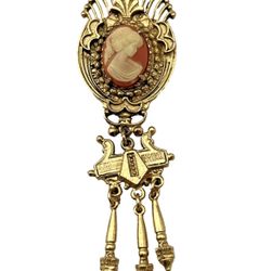 Orante Vintage Victorian Revival Cameo Pin Brooch 3.5" Dangle Tassels
