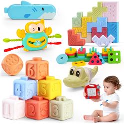 8-in-1 Montessori Baby Toys for 6-12 Months,Babies Travel Toy Set with Stacking Blocks, Pull Teether, Sensory Shape Sorter, Drawing Board & Harmonica,