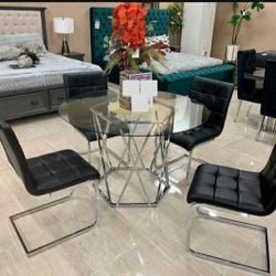 5 Piece Dining Set; Glass Table, 4 Chairs#Only $39 Down Payment with Financing 💥 No Needed Credit Check
