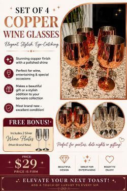 (4) Rose Gold wine glasses with (2) free silver ones
