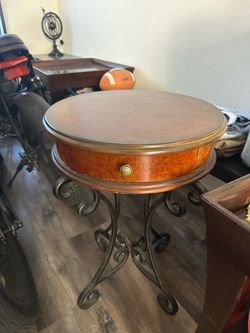 Pair of Traditional Round Burl Wood Accent Side Table with Drawer & Iron Scroll Base