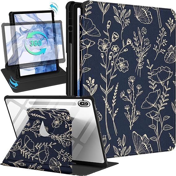for Samsung Galaxy Tab S9/S9 Fe 5G Case 11/10.9 Inch Folio Cover Pencil Holder Women Girl Cute Girly Pretty Black Floral Unique Aesthetic Design Teens