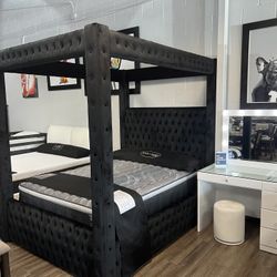 Black Upholstered Canopy Bed Queen Size