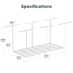 3x6 Garage Storage Overhead Rack Organization, Adjustable Ceiling Mounted Storage Racks, 800LBS Weight Capacity, 22"-40" Ceiling Dropdown, White