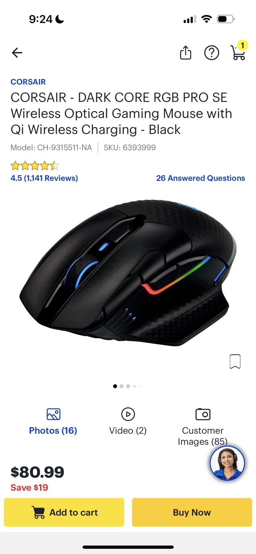 CORSAIR - DARK CORE RGB PRO SE Wireless Gaming Mouse