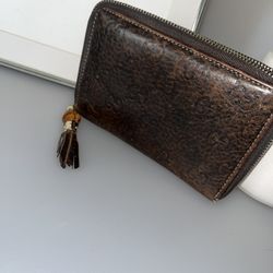 Gucci Brown Guccissima Leather Bamboo Tassel Zip Around Wallet w COA