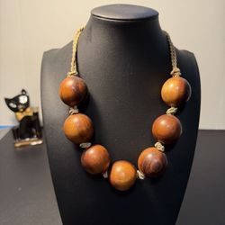 Womens Boho Large Brown Wooden Rosewood Beads Necklace Jute String Spring Ring