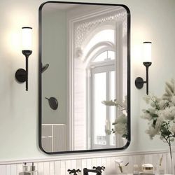 Sleek Black Rectangle Metal Framed Bathroom Vanity Wall Mirror