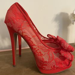 Betsey Johnson Heels Womens 6.5 Red Lace PeepToe Bow Accent Y2K Preppy Glam