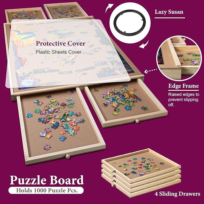 1000 Piece Rotating Wooden Jigsaw Puzzle Table - 4 Drawers, Puzzle Board with Puzzle Cover | 22 1/4 x 30" Jigsaw Puzzle Board Portable - Portable Puzz