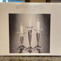 Vintage Royal Limited Crystal Candle Holder Trio With Box. Set Of Three.