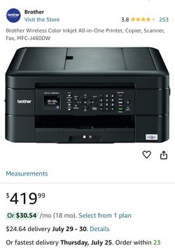Brother Wireless Color Inkjet All-in-One Printer, Copier, Scanner, Fax, MFC-J480DW