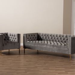 Beautiful Grey Suede Sofa And Chair Set 
