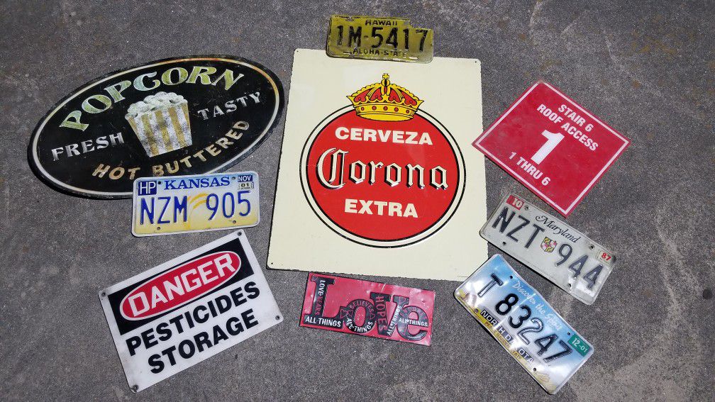 Vintage Metal Signs Signage License Plates Man Cave Bar Garage  Corona Popcorn Kansas Maryland Hawaii