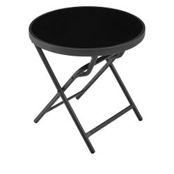 Outdoor Folding Side Table, Round Patio Folding End Table with Silk Tempered Glass Tabletop, Portable Small Garden Bistro Table for Garden Balcony Por