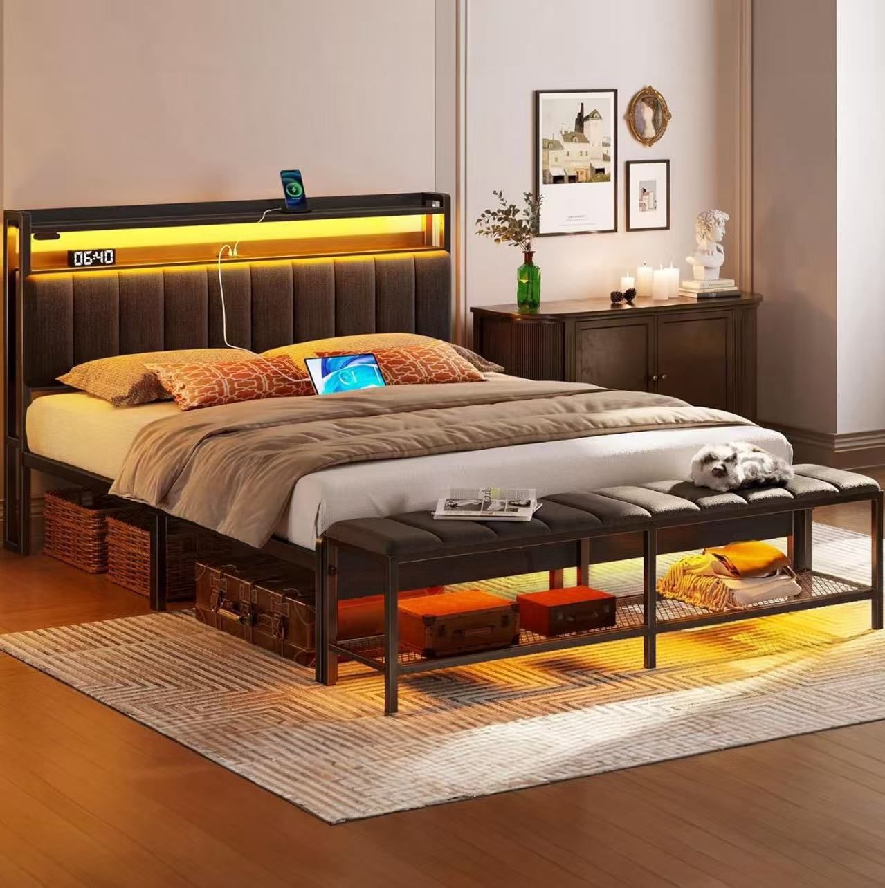 Rolanstar Queen Bed Frame with Charging Station & LED Lights, Detachable Shoe Bench, Upholstered Headboard with Storage Shelves, Heavy Duty Metal Slat