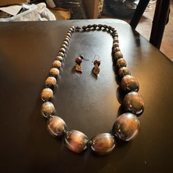 Vintage Graduated Copper Tone Beaded Necklace with Earrings Set