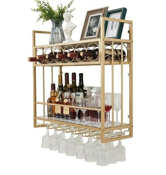 New Wall Mounted Wine Rack with Glass Holder Storage, Metal Floating Bar Liquor Shelves, Wine Bottle Display Rack (Gold)