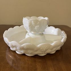 Vintage 1940s Westmoreland Milk Glass Serving Set - Divided Dish with Center Bowl - Paneled Grape Design