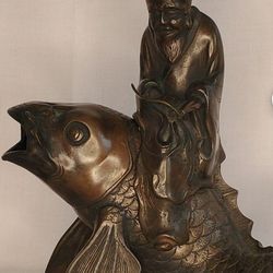 1960's Bronze Vintage Chinese Taoist Qin Gao Riding a Carp Bronze Incense Burner Figurine Statue