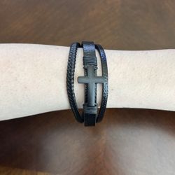 Black Ion Plated Stainless Steel Cross Triple Strand Leather Bracelet 