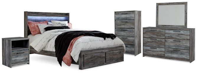 Baystorm Gray Queen Panel Storage Bed, Dresser, Mirror, Chest and Nightstand