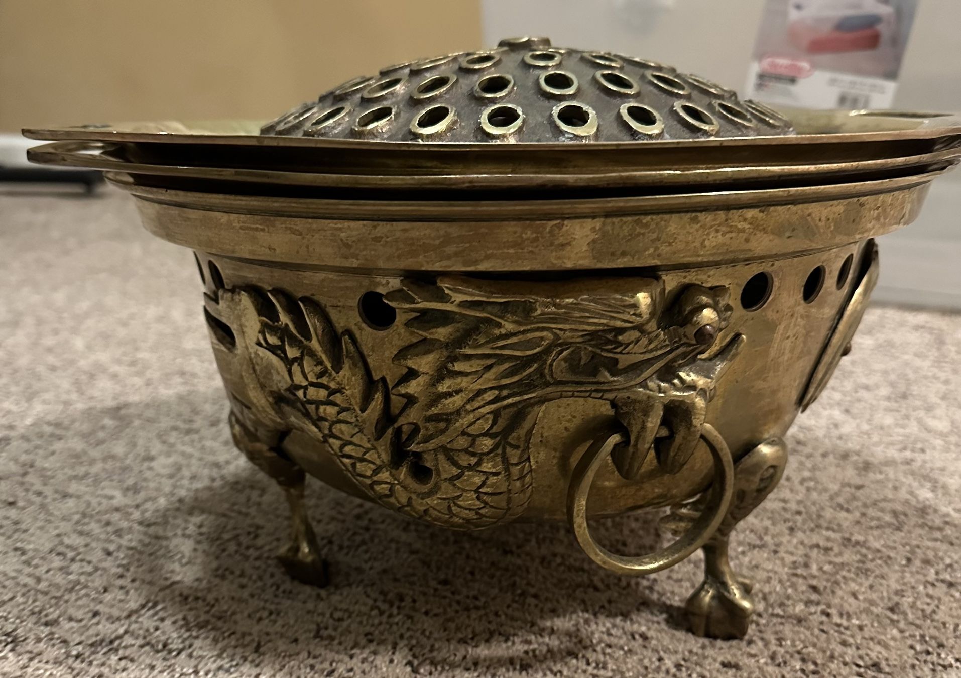 Vintage Turkish Brass Dragon Brazier Incense Burner Grill Asian Pot Antique