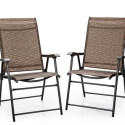 Folding Metal Outdoor Dining Chair in Brown with Armrest (2-Pack)