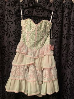 Betsey Johnson Strapless Cocktail Party Dress 6 Peach Pistachio Green Lace Tulle