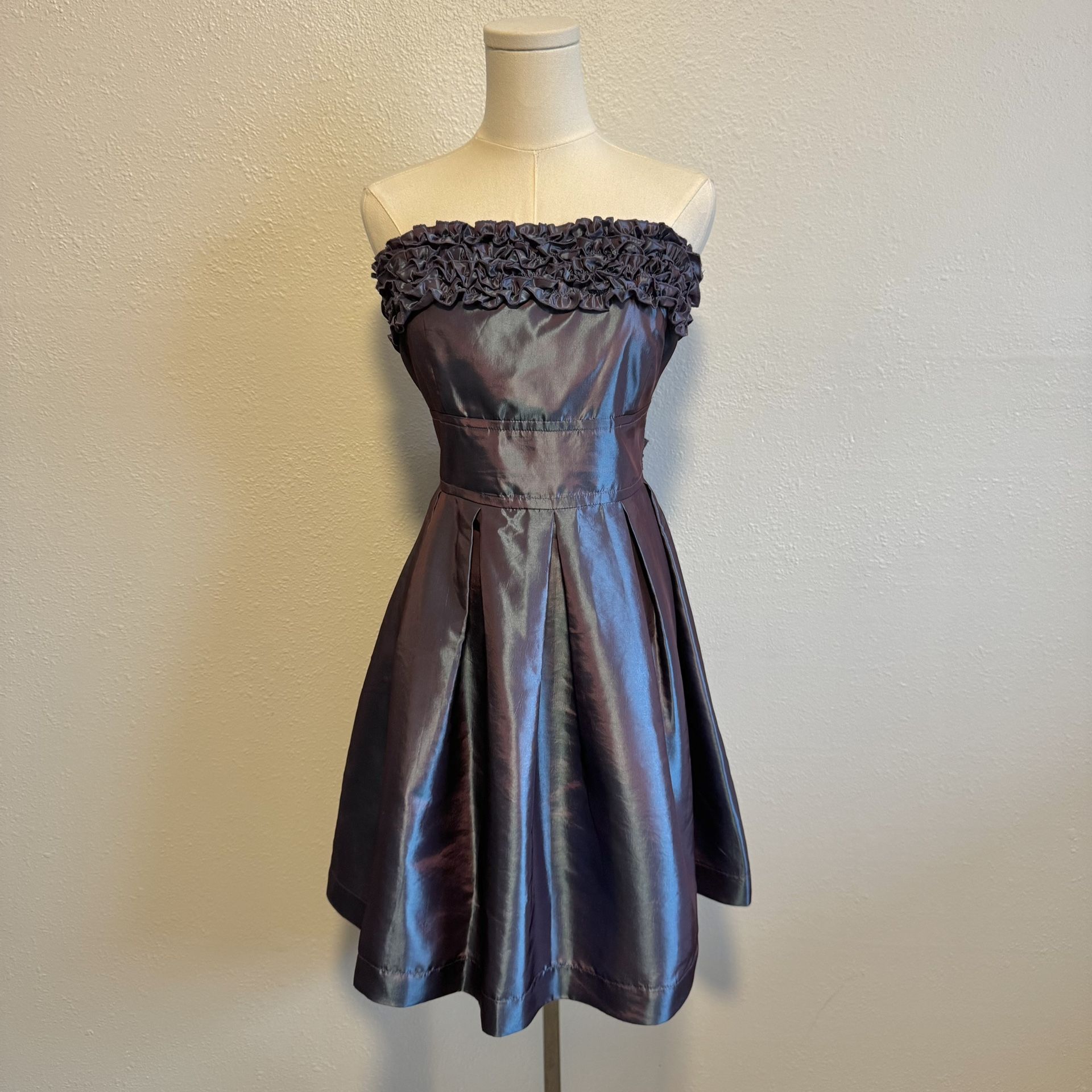 STUDIO Y Vintage Y2K Purple Blue Iridescent Ruffle Strapless Formal Mini Dress