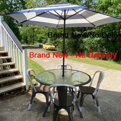 Avalon 48" Round Glass Patio Dining Table & 4 Carlisle High Back Distressed Wood Seat Dining Chairs & Umbrella