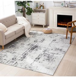 8x10 Modern Abstract Rug Washable Non Shedding for Bedroom, Grey Faux Wool Accent