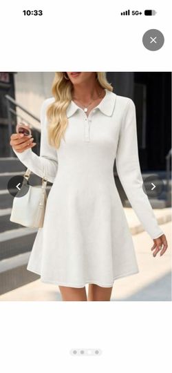 White Polo Sweater Dress – Long Sleeve Knit A-Line Mini