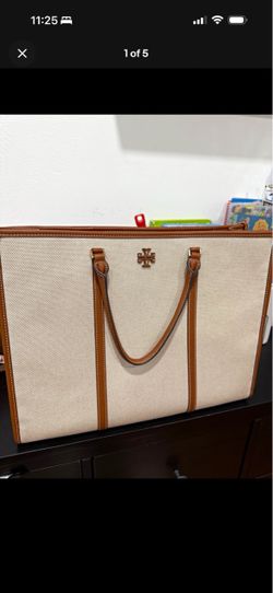 Tory Burch Beige/Brown Zip Tote Bag w/ Logo, Stitching, Double Handles Tory Burc