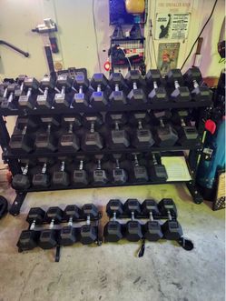 Rubber Hex Dumbbell Set with 3-Tier Rack