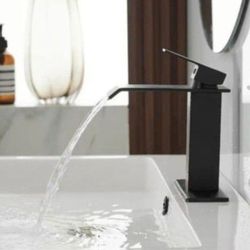 BWE Waterfall Single Hole Single-Handle Low-Arc Bathroom Faucet With Pop-up Drain Assembly in Matte Black