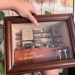 Vintage 3D Ice Cream Parlor Miniature Scene in Wood Glass Shadow Box 