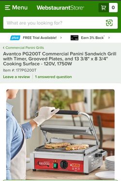Avantco Commercial Panini Sandwich Grill w/ Timer - 1750W - Excellent Condition