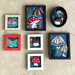 🍄 7 different handmade darling embroidered mini miniature framed artwork