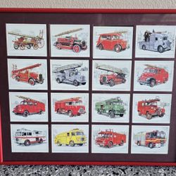 Framed Vintage British Fire Engines Card Set - Complete 16-Piece Collection