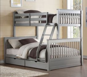 Brand New Grey Twin over Full Bunk Bed w Trundle Drawers