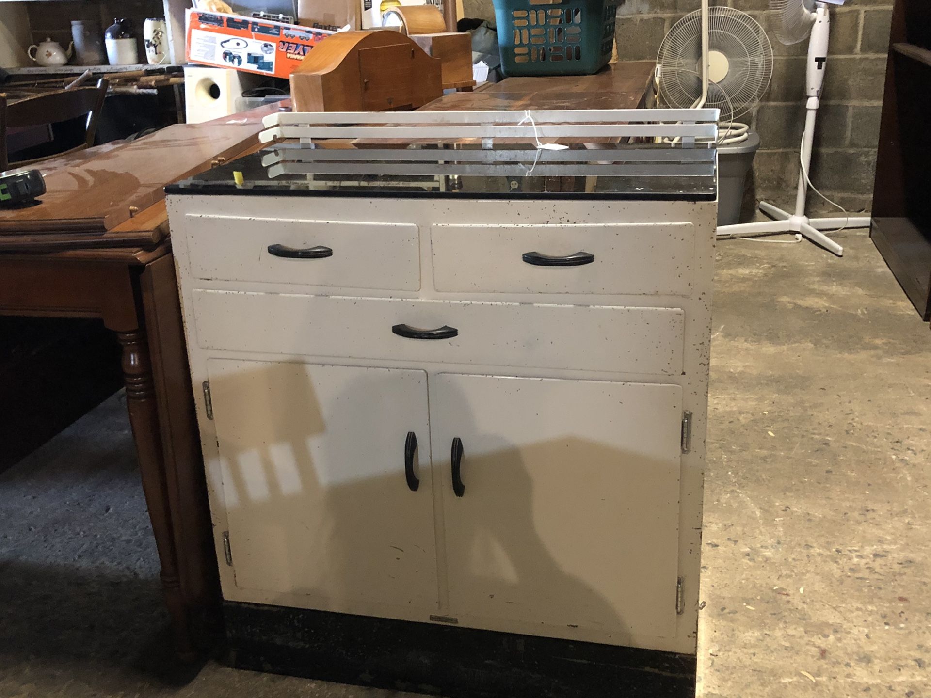 Glass top vintage enamel kitchen base cabinet
